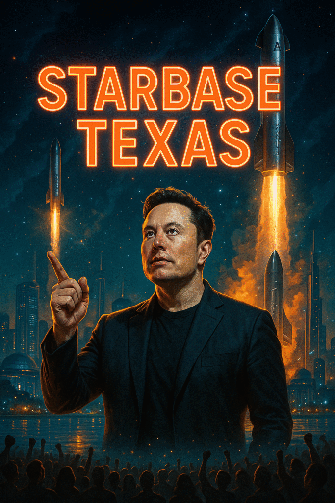 A digital illustration of Elon Musk standing in the foreground, pointing upward, with a futuristic cityscape labeled “Starbase Texas” glowing in neon above him. SpaceX rockets launch dramatically in the background under a starry night sky, while a crowd of cheering people watches from below.