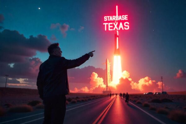 A digital illustration of Elon Musk standing in the foreground, pointing upward, with a futuristic cityscape labeled “Starbase Texas” glowing in neon above him. SpaceX rockets launch dramatically in the background under a starry night sky, while a crowd of cheering people watches from below.