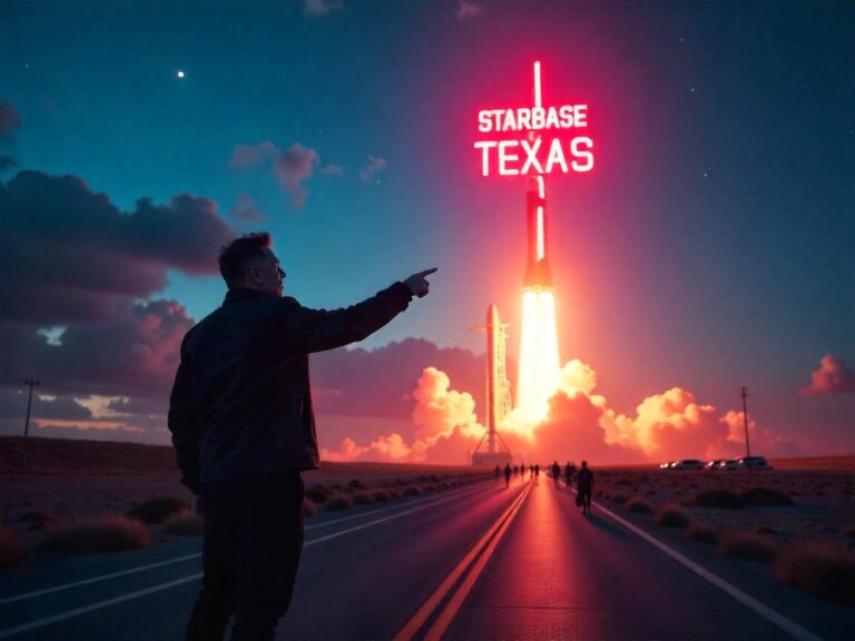 A digital illustration of Elon Musk standing in the foreground, pointing upward, with a futuristic cityscape labeled “Starbase Texas” glowing in neon above him. SpaceX rockets launch dramatically in the background under a starry night sky, while a crowd of cheering people watches from below.