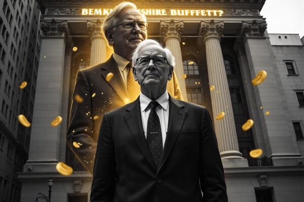 Greg Abel: The Man Poised to Succeed Warren Buffett at Berkshire Hathaway A digital illustration of Greg Abel standing confidently in a business suit in front of the Berkshire Hathaway headquarters, with Warren Buffett subtly fading into the background. Golden dollar signs swirl around them, and bold glowing text reads “THE NEXT WARREN BUFFETT?” in a dramatic, movie-poster style