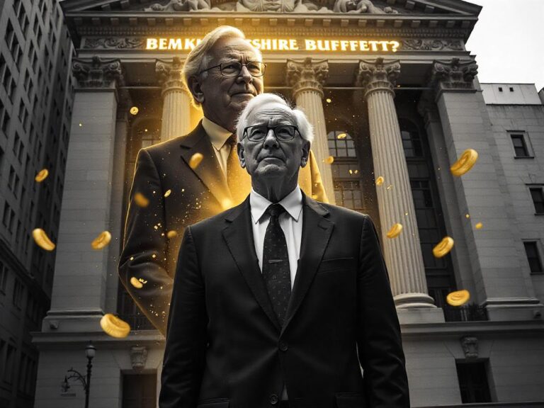 A digital illustration of Greg Abel standing confidently in a business suit in front of the Berkshire Hathaway headquarters, with Warren Buffett subtly fading into the background. Golden dollar signs swirl around them, and bold glowing text reads “THE NEXT WARREN BUFFETT?” in a dramatic, movie-poster style